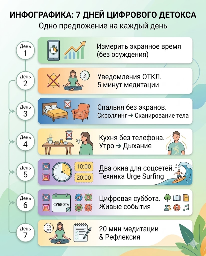 Инфографика 7-дневного плана цифрового детокса с шагами по снижению экранного времени для улучшения ментального здоровья.