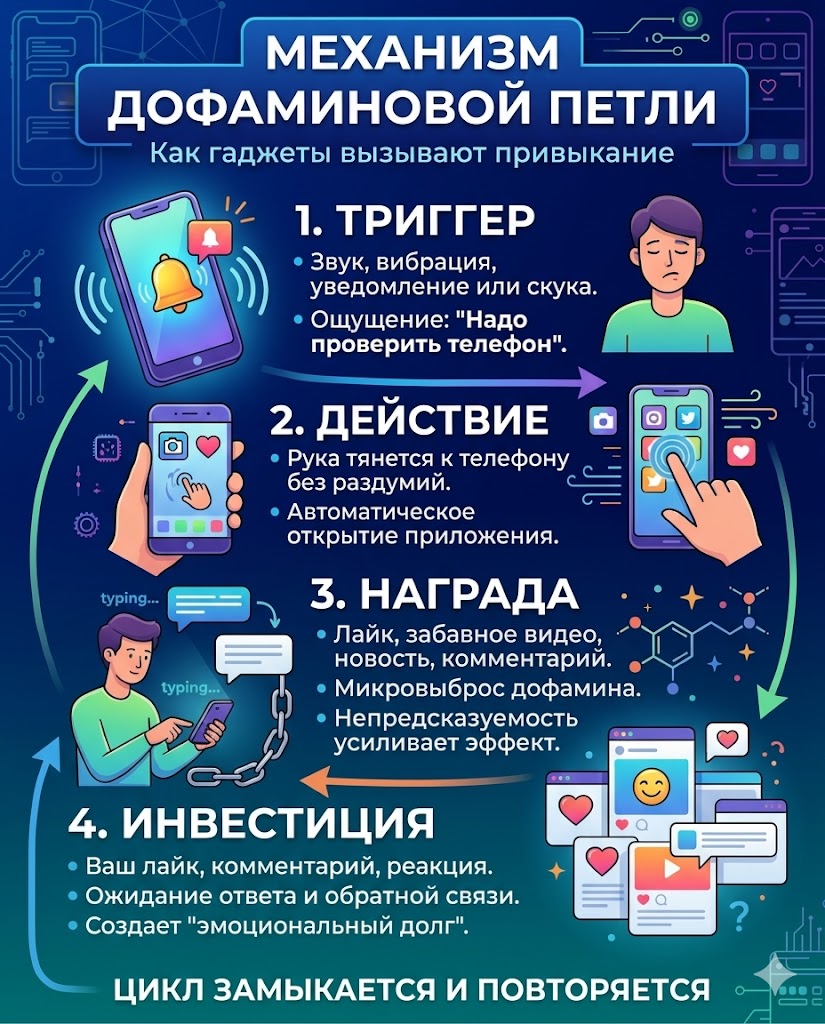 Схема этапов цифровой зависимости: цикл от триггера до инвестиции, объясняющий влияние гаджетов на выброс дофамина.