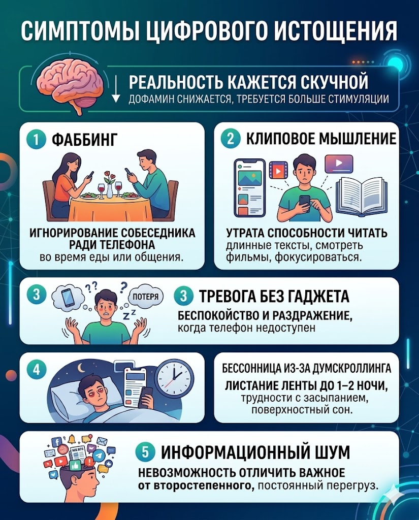 Схема пяти симптомов цифрового истощения, отражающая влияние думскроллинга и фаббинга на нервную систему.