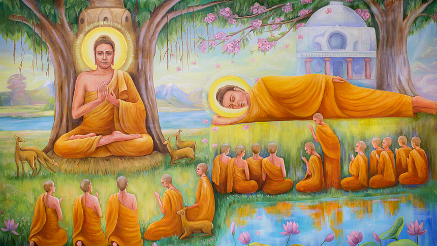 Будда, монахи, дерево