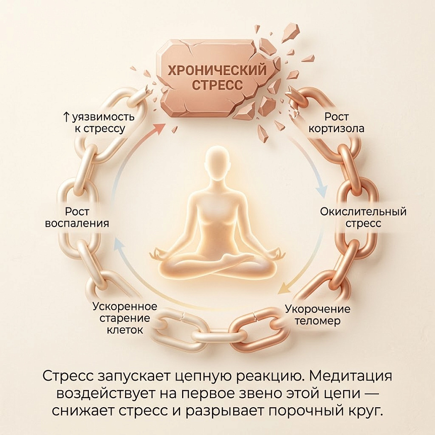 Схема замкнутого цикла хронического стресса. Центральная медитирующая фигура раскалывает блок, вызывая физиологические последствия: рост кортизола, воспаление и старение.