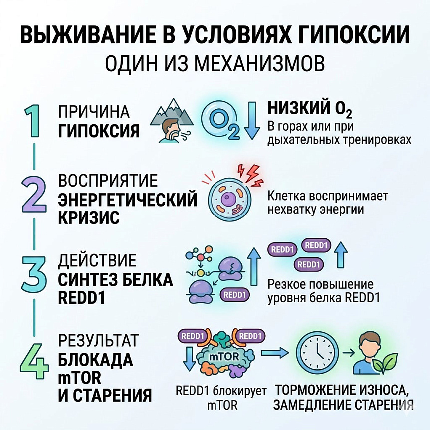 Схема этапов выживания при гипоксии, показывающая синтез REDD1 для блокады mTOR и замедления старения
