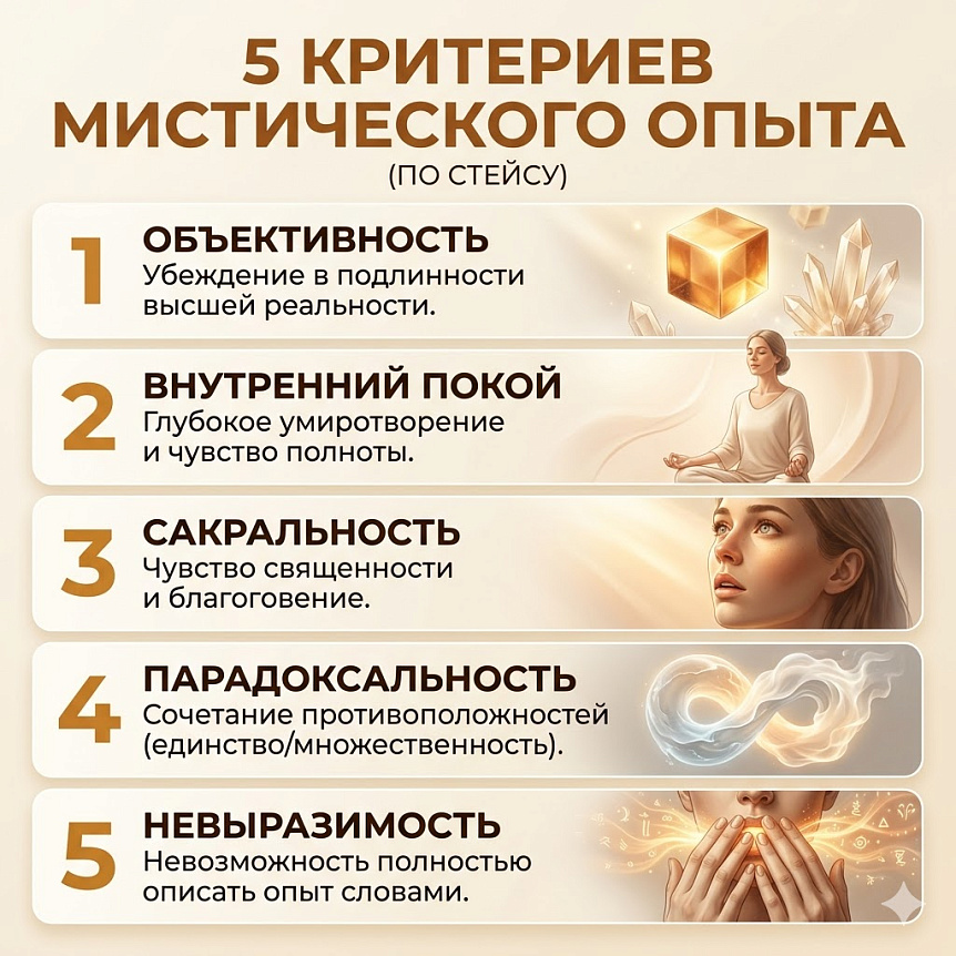 Инфографика. Пять критериев мистического опыта описаны по Уолтеру Стейсу для анализа измененных состояний сознания.