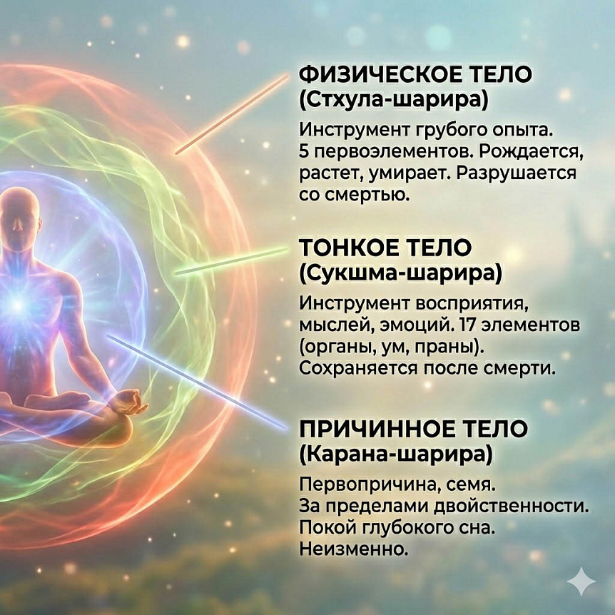 Схема трех тел человека в веданте: физического, тонкого и причинного, с описанием их функций, состава и связи со смертью.