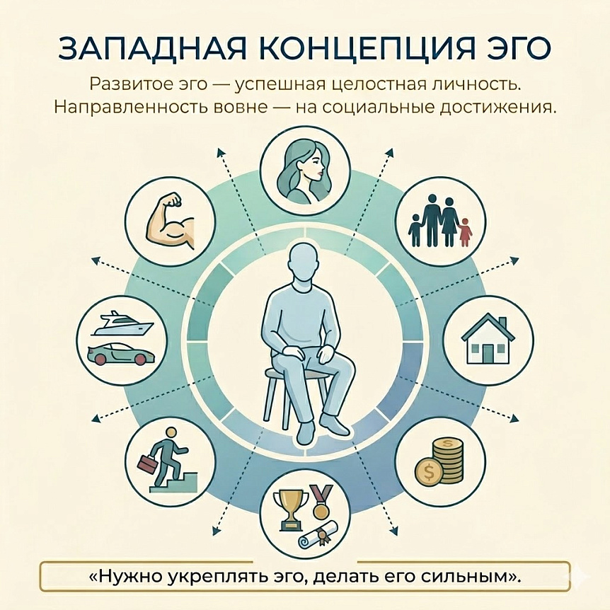Инфографика западной концепции эго: связь успешной целостной личности с внешними социальными и материальными достижениями.