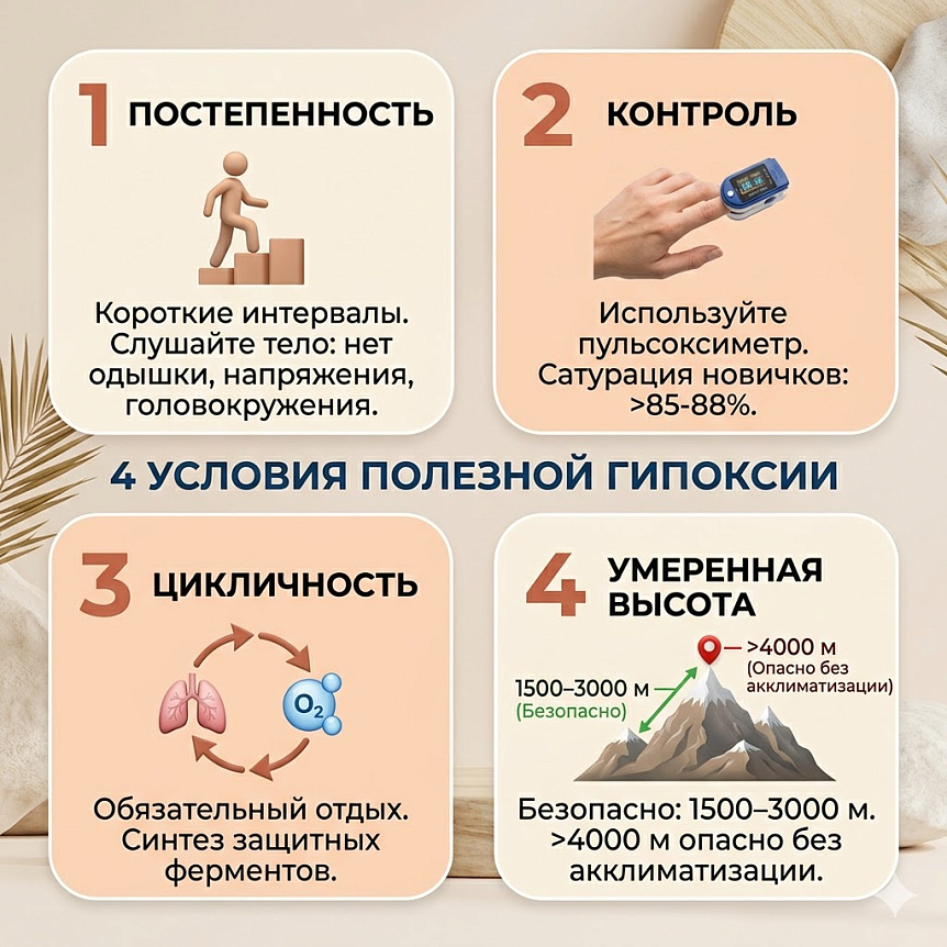 Инфографика 4 базовых условий проведения безопасных тренировок для адаптации к горному воздуху и контроля сатурации.