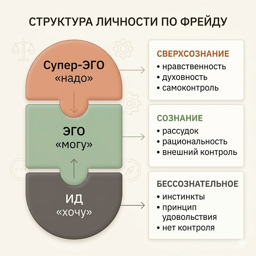 Схема структуры личности по Фрейду: взаимодействие бессознательного Ид, рационального Эго и морального Супер-Эго.