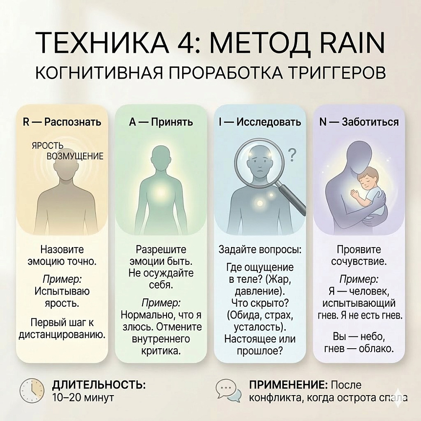 Инфографика метода RAIN когнитивной проработки триггеров, включающая 4 шага: распознать, принять, исследовать, заботиться