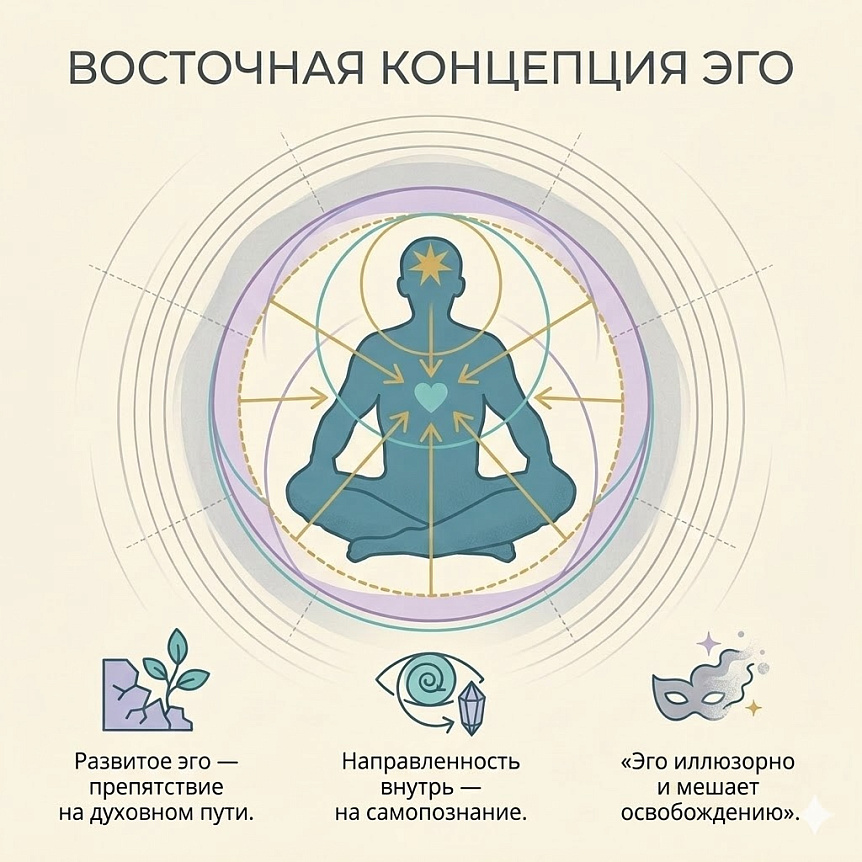 Инфографика: схема восточной концепции эго. Медитирующий силуэт в кругах с векторами внутрь, к сердцу, для самопознания.