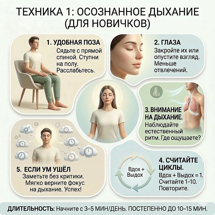 Схема-инфографика показывает 5 шагов техники осознанного дыхания для новичков с целью медитации и релаксации.