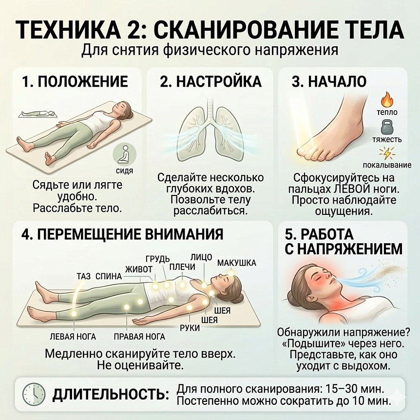 Инфографика с 5 шагами техники сканирования тела для снятия физического напряжения через медитацию