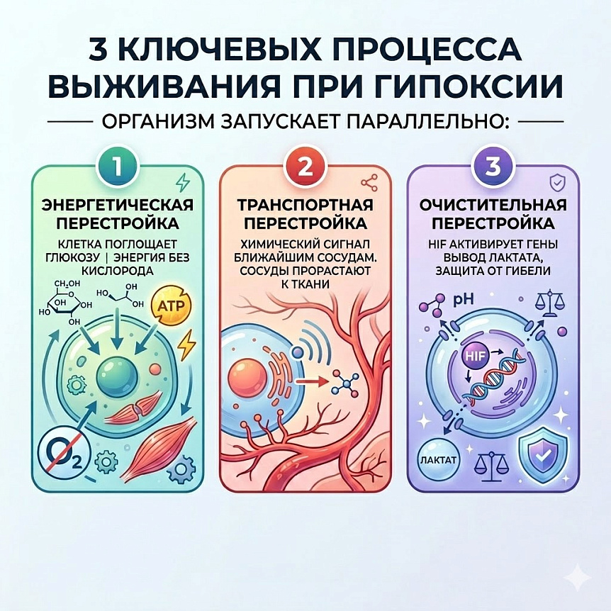 Инфографика схема трех клеточных механизмов описывающая адаптацию и выживание в условиях гипоксии (нехватки кислорода)