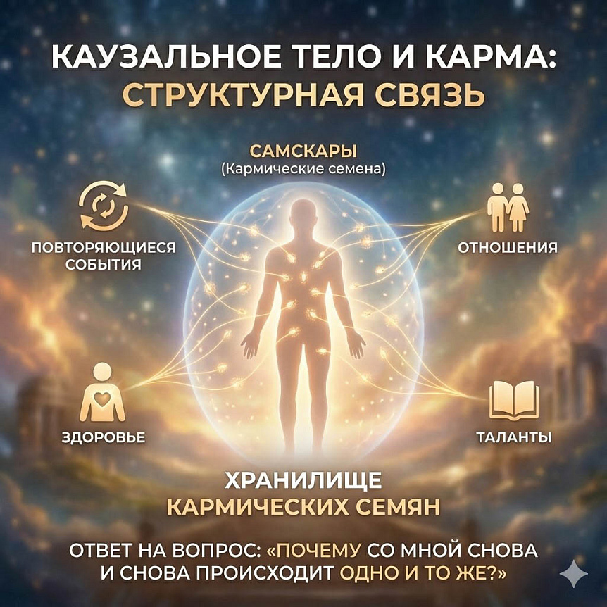 Инфографика связи каузального тела и кармы: самскары определяют повторяющиеся события, отношения, здоровье и таланты человека.