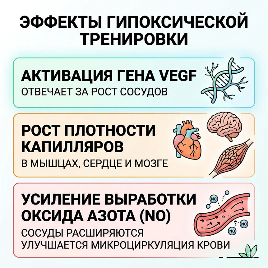 Инфографика роста капилляров и расширения сосудов под влиянием VEGF и оксида азота во время гипоксических тренировок.