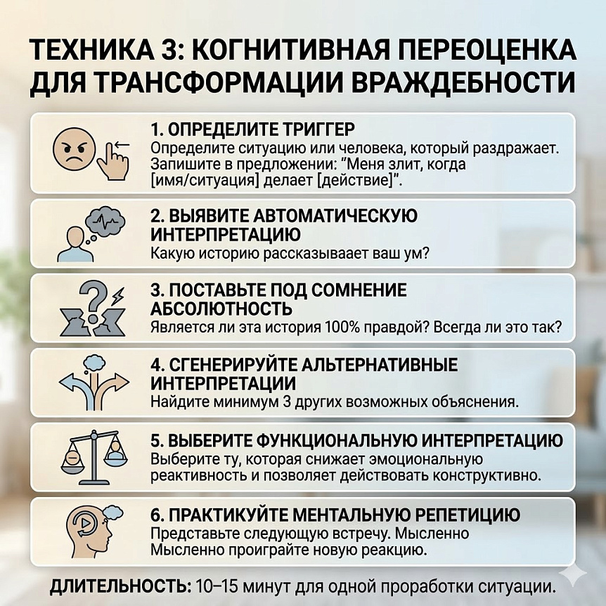 Инфографика из 6 шагов когнитивной переоценки с иконами, описывающая трансформацию враждебности в конструктивность